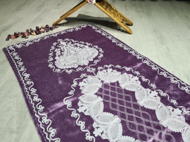 Verna Embroidered Velvet Prayer Rug 65x125 cm Lilac - Thumbnail