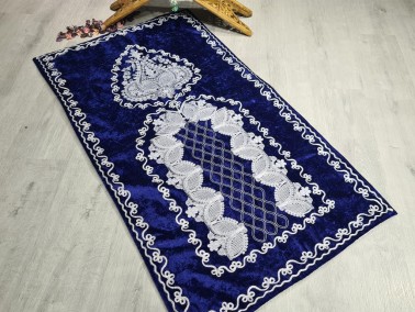 Verna Embroidered Velvet Prayer Rug 65x125 cm Navy Blue - Thumbnail