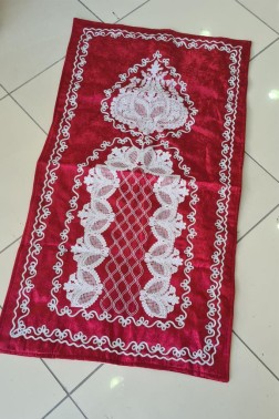 Verna Embroidered Velvet Prayer Rug 65x125 cm Red - Thumbnail