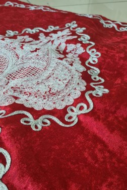 Verna Embroidered Velvet Prayer Rug 65x125 cm Red - Thumbnail