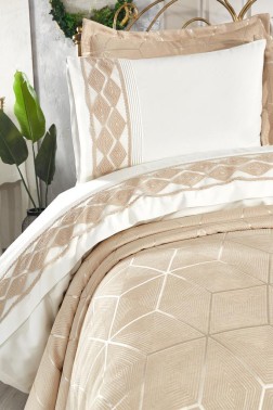 Verona Bridal Set 7pcs, Coverlet 240x260, Sheet 240x260, Duvet Cover 200x220, Pillowcase 50x70, Double Size, Beige - Thumbnail