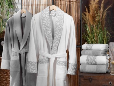 Victorian Jacquard Cotton Bathrobe Set Cream Gray - Thumbnail