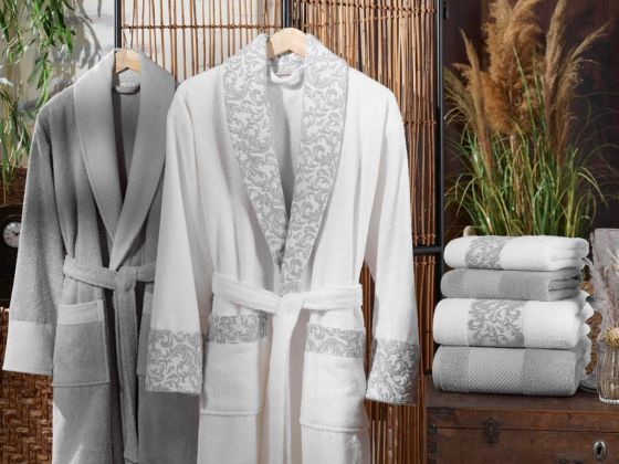 Victorian Jacquard Cotton Bathrobe Set Cream Gray