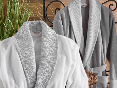 Victorian Jacquard Cotton Bathrobe Set Cream Gray - Thumbnail