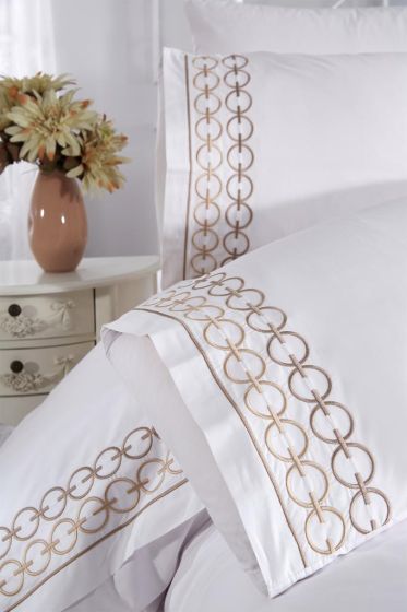 Vinda Embroidery King Size Duvet Cover Set 6 pcs, Duvet Cover 200x220, Sheet 240x260, Double Size, Cream Color