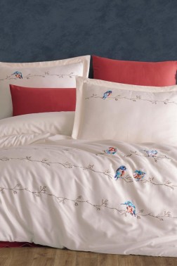 Vogel Embroidered 100% Cotton Sateen, Duvet Cover Set, Duvet Cover 200x220, Sheet 240x260, Double Size, Full Size Champagne - Thumbnail