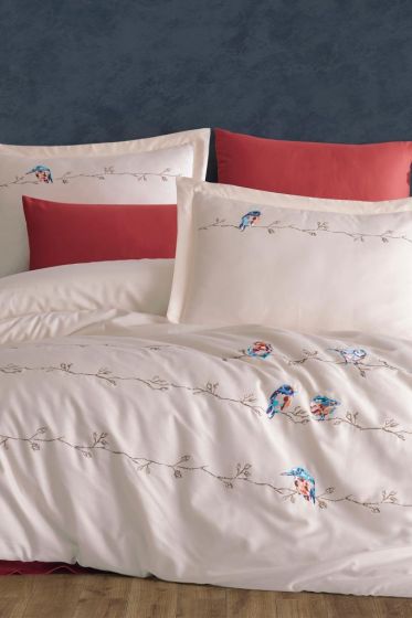 Vogel Embroidered 100% Cotton Sateen, Duvet Cover Set, Duvet Cover 200x220, Sheet 240x260, Double Size, Full Size Champagne