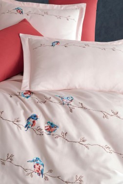 Vogel Embroidered 100% Cotton Sateen, Duvet Cover Set, Duvet Cover 200x220, Sheet 240x260, Double Size, Full Size Champagne - Thumbnail