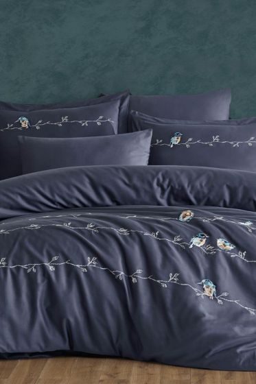 Vogel Embroidered 100% Cotton Sateen, Duvet Cover Set, Duvet Cover 200x220, Sheet 240x260, Double Size, Full Size Navy Blue