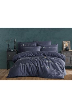 Vogel Embroidered 100% Cotton Sateen, Duvet Cover Set, Duvet Cover 200x220, Sheet 240x260, Double Size, Full Size Navy Blue - Thumbnail