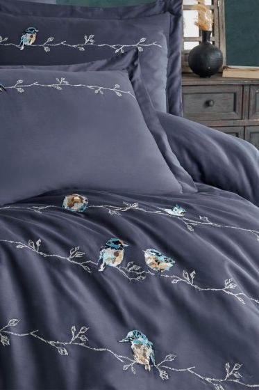 Vogel Embroidered 100% Cotton Sateen, Duvet Cover Set, Duvet Cover 200x220, Sheet 240x260, Double Size, Full Size Navy Blue