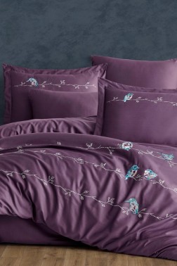 Vogel Embroidered 100% Cotton Sateen, Duvet Cover Set, Duvet Cover 200x220, Sheet 240x260, Double Size, Full Size Plum - Thumbnail