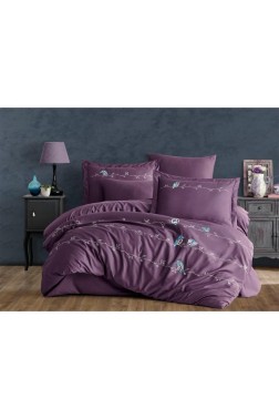 Vogel Embroidered 100% Cotton Sateen, Duvet Cover Set, Duvet Cover 200x220, Sheet 240x260, Double Size, Full Size Plum - Thumbnail