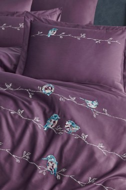 Vogel Embroidered 100% Cotton Sateen, Duvet Cover Set, Duvet Cover 200x220, Sheet 240x260, Double Size, Full Size Plum - Thumbnail