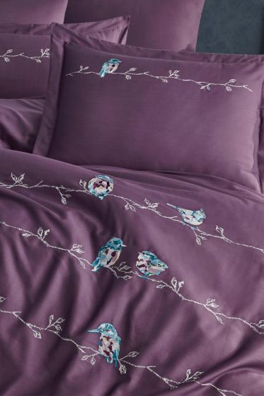 Vogel Embroidered 100% Cotton Sateen, Duvet Cover Set, Duvet Cover 200x220, Sheet 240x260, Double Size, Full Size Plum