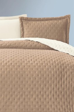 Washed Soft Double Side Quilted Bedspread 3pcs, Coverlet 240x260 with Pillowcase, Cotton/Polyester Fabric, Double Size, Full Bed, Beige - Thumbnail