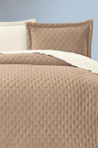 Washed Soft Double Side Quilted Bedspread 3pcs, Coverlet 240x260 with Pillowcase, Cotton/Polyester Fabric, Double Size, Full Bed, Beige