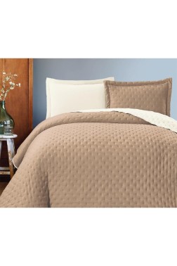 Washed Soft Double Side Quilted Bedspread 3pcs, Coverlet 240x260 with Pillowcase, Cotton/Polyester Fabric, Double Size, Full Bed, Beige - Thumbnail