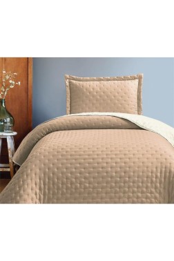 Washed Soft Quilted Double Sided Bedspread 2pcs, Coverlet 180x240 Cotton/Polyester Fabric, Single Size, Queen Bed, Beige - Thumbnail