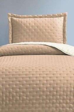 Washed Soft Quilted Double Sided Bedspread 2pcs, Coverlet 180x240 Cotton/Polyester Fabric, Single Size, Queen Bed, Beige - Thumbnail