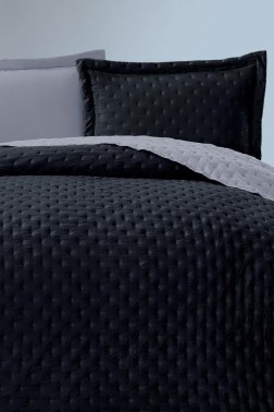 Washed Soft Quilted Double Sided Bedspread 3pcs, Coverlet 240x260 Cotton/Polyester Fabric, Double Size, Full Bed, Navy Blue - Thumbnail