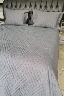 Washed Zigzag Double Size Bedding Set, Bedspread 240x260 with Pillowcase, Full Bed, Cotton-Polyester Fabric Full Bed Anthracite - Thumbnail