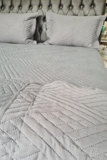 Washed Zigzag Double Size Bedding Set, Bedspread 240x260 with Pillowcase, Full Bed, Cotton-Polyester Fabric Full Bed Anthracite