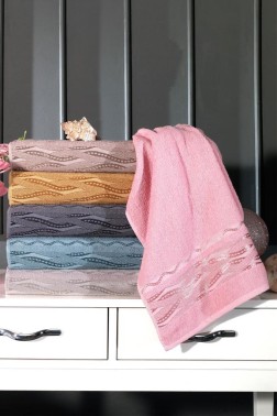 Wave Pattern Jacquard Cotton Hand and Face Towel Set 6 Pcs - Thumbnail