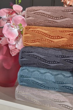 Wave Pattern Jacquard Cotton Hand and Face Towel Set 6 Pcs - Thumbnail