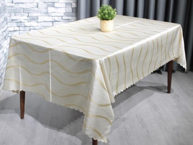 Wave Rectangle Tablecloth 145x220 cm %100 Polyester Cream Gold - Thumbnail