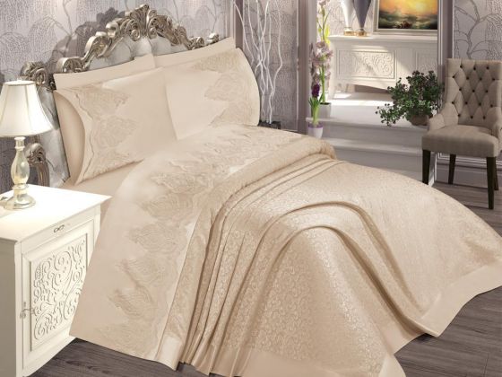 Yasmin French Guipure Brocade Bedspread Set Cappucino