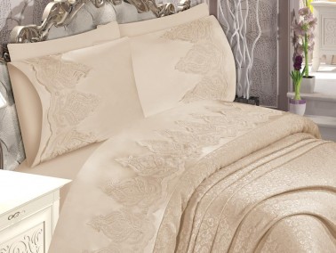 Yasmin French Guipure Brocade Bedspread Set Cappucino - Thumbnail