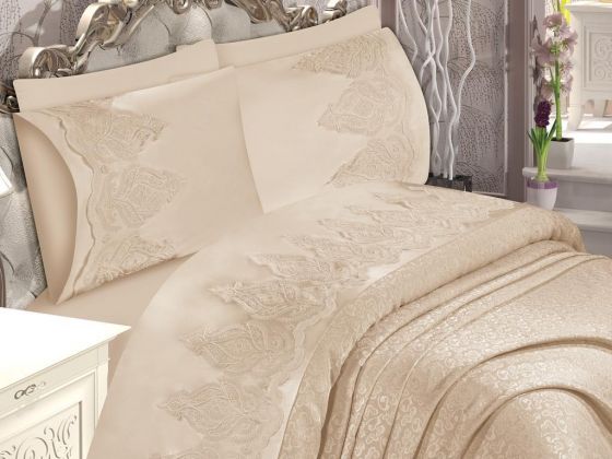 Yasmin French Guipure Brocade Bedspread Set Cappucino