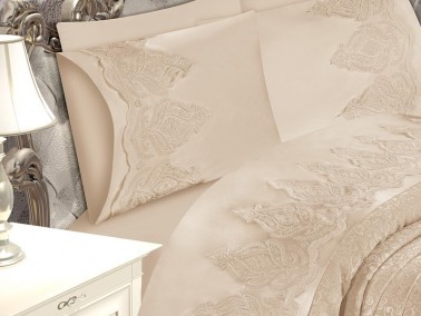 Yasmin French Guipure Brocade Bedspread Set Cappucino - Thumbnail