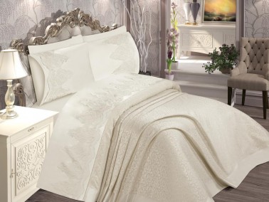 Yasmin French Guipure Brocade Bedspread Set Cream - Thumbnail