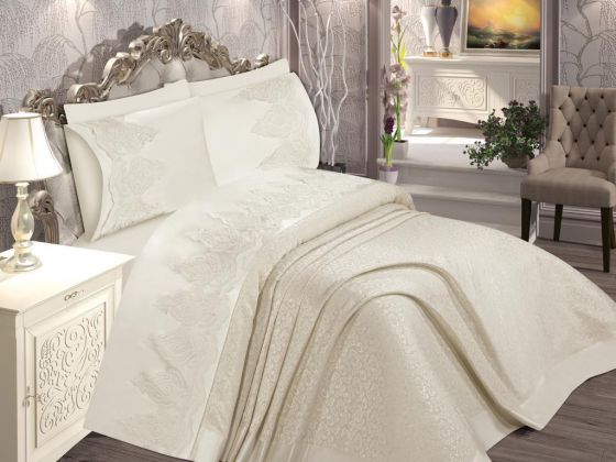 Yasmin French Guipure Brocade Bedspread Set Cream