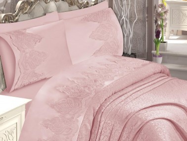 Yasmin French Guipure Brocade Bedspread Set Powder - Thumbnail