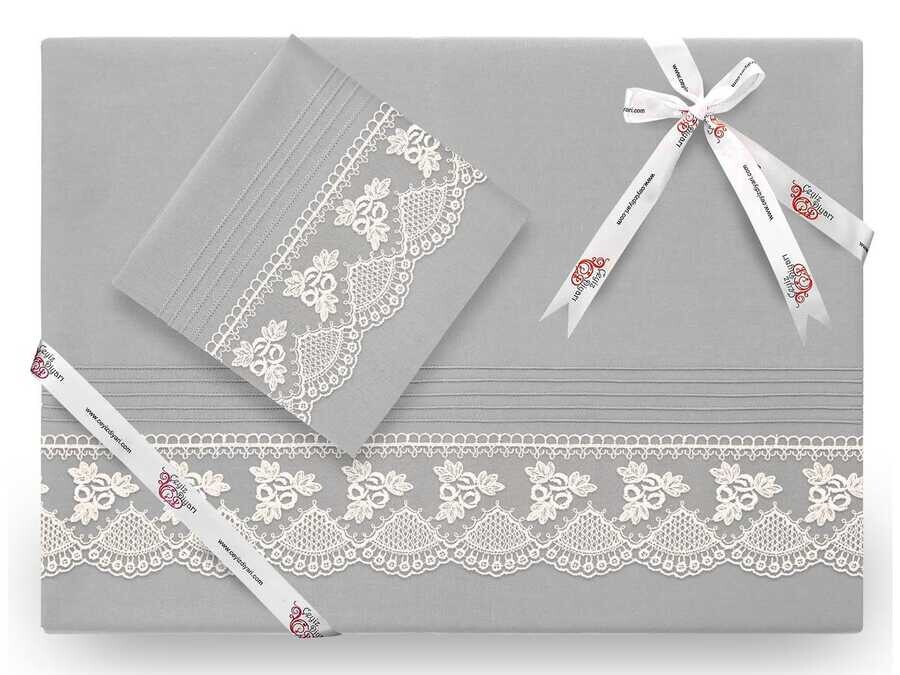 Dowry World - Yekpare Lüx طقم غطاء لحاف مطرز بالتطريز الفرنسي لون رمادي Dowry World - Yekpare Lüx طقم غطاء لحاف مطرز بالتطريز الفرنسي لون رمادي