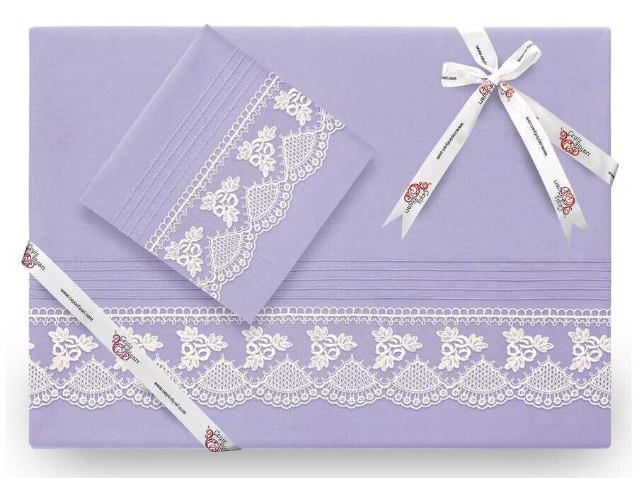 Dowry World - Yekpare Lüx طقم غطاء لحاف مطرز بالتطريز الفرنسي لون بنفسجي فاتح (ليلا Dowry World - Yekpare Lüx طقم غطاء لحاف مطرز بالتطريز الفرنسي لون بنفسجي فاتح (ليلا