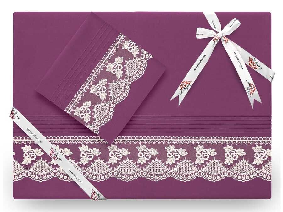 Dowry World - Yekpare Lüx طقم غطاء لحاف مطرز بالتطريز الفرنسي لون البرقوق Dowry World - Yekpare Lüx طقم غطاء لحاف مطرز بالتطريز الفرنسي لون البرقوق