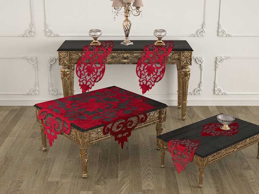 Dowry World - Zambak Velvet Living Room Table Cover Set 5 Pieces Red