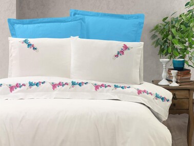 Lily Embroidered Duvet Cover Set Turquoise - Thumbnail