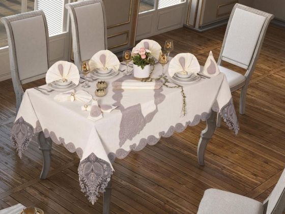 Zambak Tablecloth Set Linen Fabric 26 pcs Cream - Grey