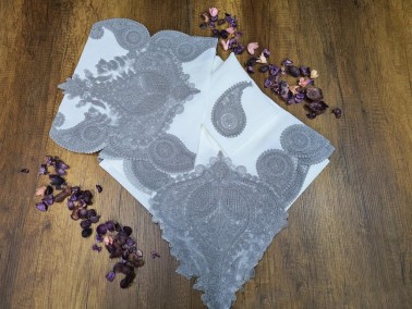 Zambak Tablecloth Set Linen Fabric 26 pcs Cream - Grey - Thumbnail
