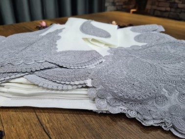 Zambak Tablecloth Set Linen Fabric 26 pcs Cream - Grey - Thumbnail