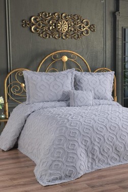 Çeyiz Diyarı - Zarife King Size Cotton Bedspread Set, Coverlet 240x250,with Pillowcase, Double Size, Cotton Fabric, Gray