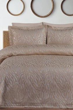 Çeyiz Diyarı - Zebra Jacquard Cotton Chenille Bedspread 250x260 cm Double Size, King Size, Beige