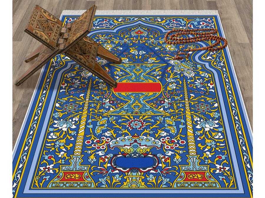 Zaydin Velvet Prayer Rug Blue - Thumbnail